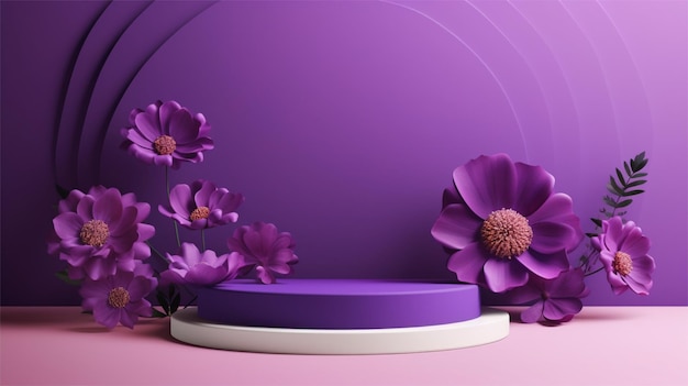 Podium vectorial 3D púrpura para la presentación de productos con sombra de ventana en la pared con flores púrpuras