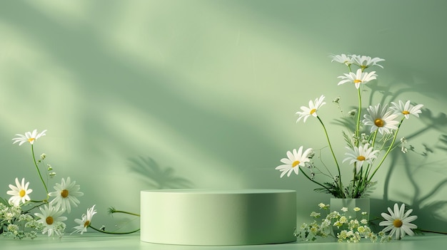 Podium verde con margaritas blancas en un entorno minimalista suavemente iluminado Generado por IA