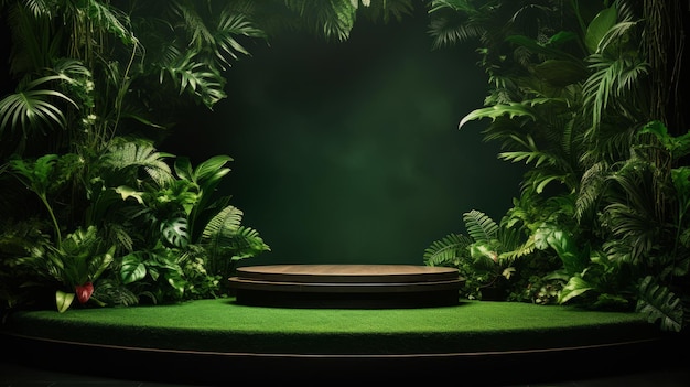 Foto podium verde sobre un fondo oscuro con plantas tropicales