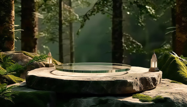 Podium de vidrio en una piedra en el fondo de la jungla