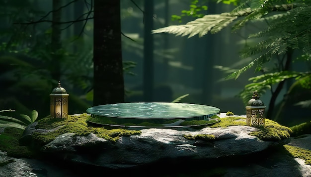 Podium de vidrio en una piedra en el fondo de la jungla