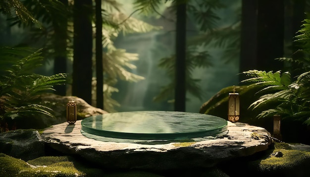 Foto podium de vidrio en una piedra en el fondo de la jungla