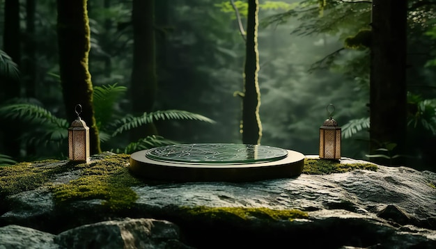 Foto podium de vidrio en una piedra en el fondo de la jungla