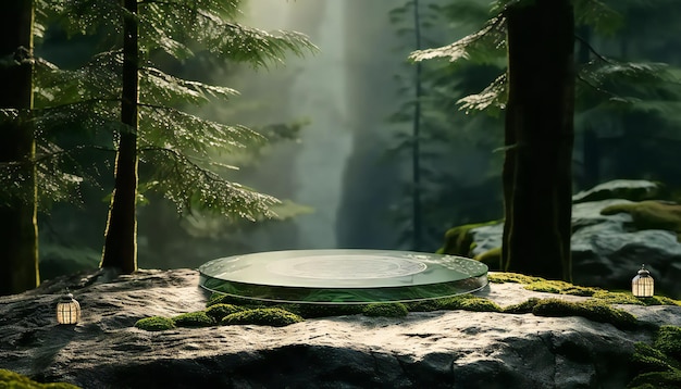 Foto podium de vidrio en una piedra en el fondo de la jungla