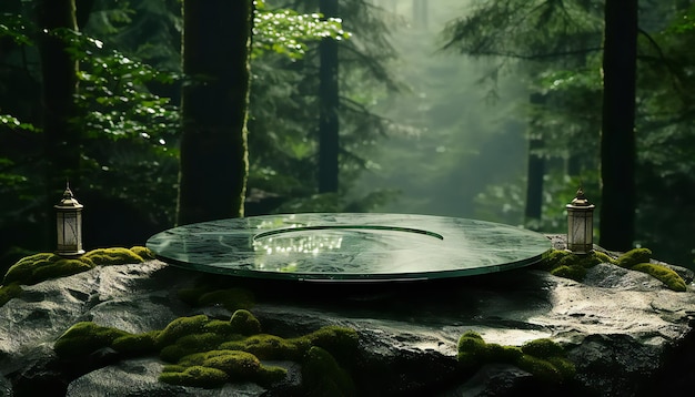 Podium de vidrio en una piedra en el fondo de la jungla