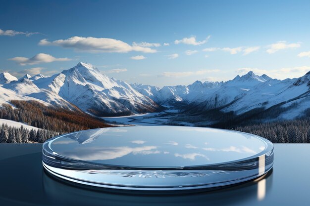 Podium de vidrio redondo vacío frente a un hermoso paisaje de montaña nevada de fondo con cielo limpio