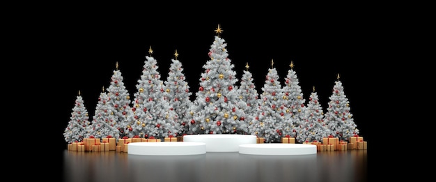 Podium vor Weihnachtsbäumen - Banner - 3D-Rendering