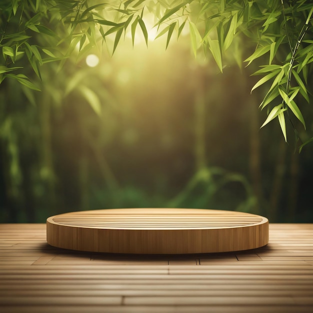 Podium zur Präsentation von Bambusprodukten für eine leere Naturproduktszene mit Bambuszweig