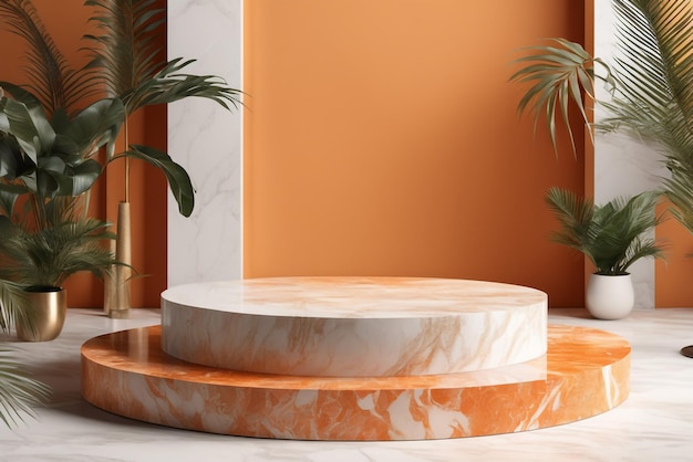 Foto podiumsbühnenständer auf weißem und orangefarbenem terrazzo-marmor mit tropischen palmen als produkt
