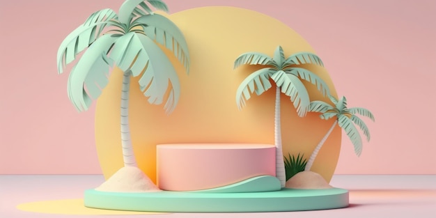 Podiumshintergrund zum Thema „Strandurlaub“ mit Palmen im Papierkunststil, erstellt mit generativer KI-Technologie