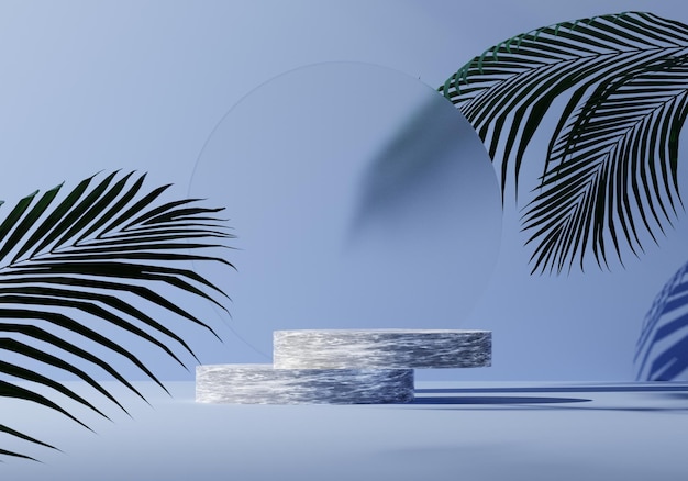 Podiumsmodell aus weißem Marmorsockel, blaue Wandkulisse mit natürlichem Blatt, Pflanze, Produktplattform