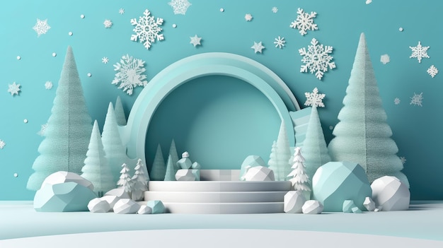 Podiumsplattform mit Kiefern und Schneeflocken Winterschlussverkauf für Produkte und Banner mit Kopierfläche