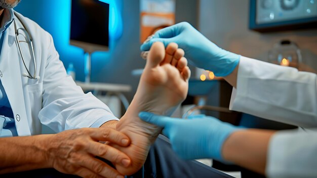 Foto un podólogo examina el pie de un paciente el podólogo lleva guantes azules y sostiene el pie del paciente en sus manos