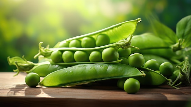 Pods de guisantes verdes con hojas en una mesa de madera