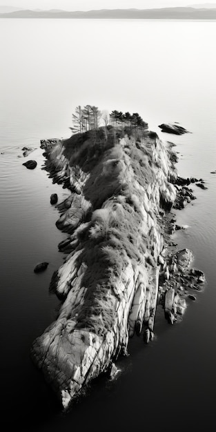 Poética fotografía aérea en blanco y negro de una isla de invierno