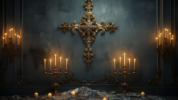 Pohoto de papel tapiz barroco Pared con suaves rayos de luz de vela con una barra Arte de Palmera de Pascua del Viernes Santo