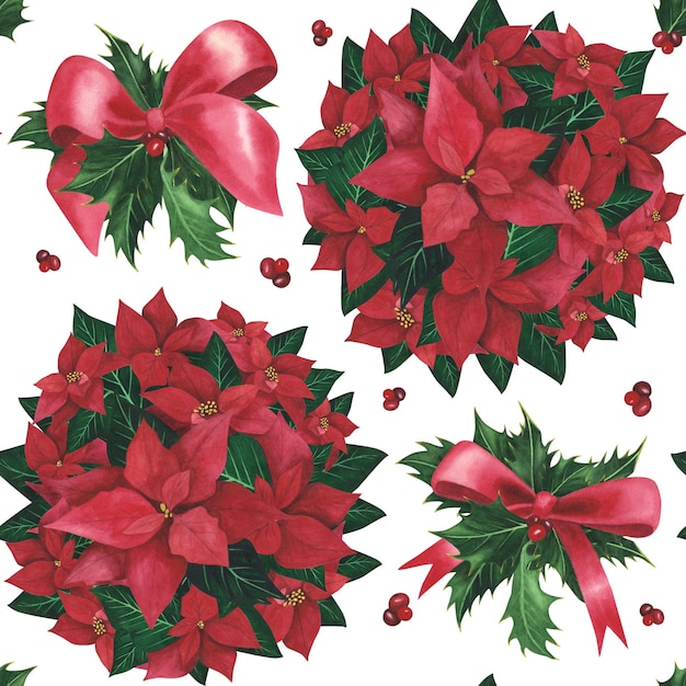 Poinsettia holly lazo rojo Navidad patrón sin costuras aislado en blanco Ilustración de dibujado a mano de acuarela para el diseño