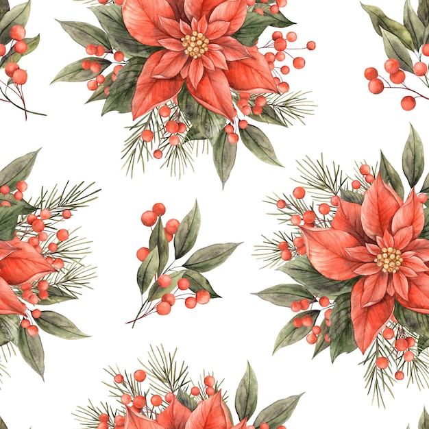Poinsettia con ramas de abeto hojas verdes y bayas rojas patrón navideño de acuarela en un estilo festivo ramo para Navidad y Año Nuevo vacaciones invitaciones tarjetas decoraciones embalaje