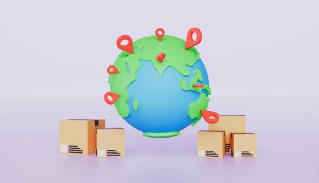 Pointer-Pin-Standort auf der Erde globale Welt Kartonkisten Transportlogistikkonzept