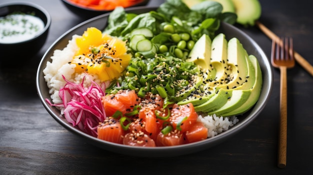 Foto poke bowl bunte, frische, gesunde, hawaiianisch inspirierte schüssel