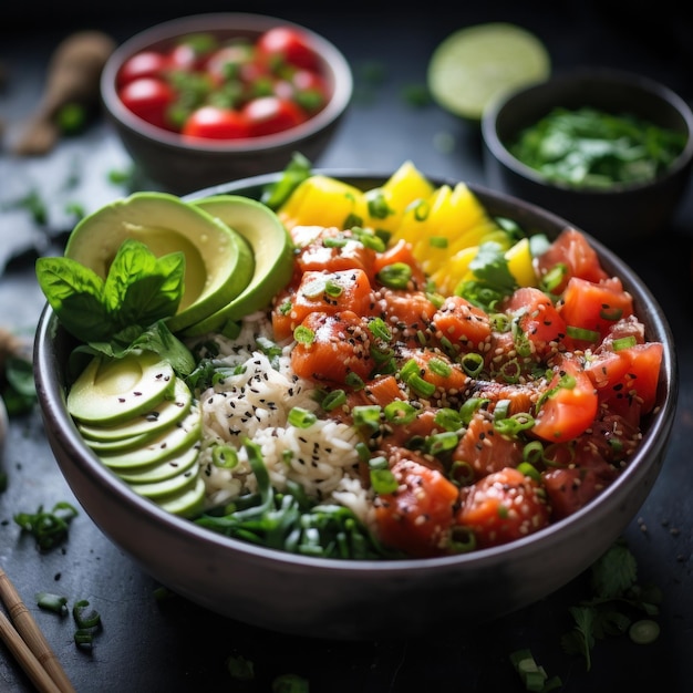 Poke Bowl Bunte, frische, gesunde, hawaiianisch inspirierte Schüssel