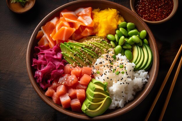 Poke bowl com salmão e legumes generative ai