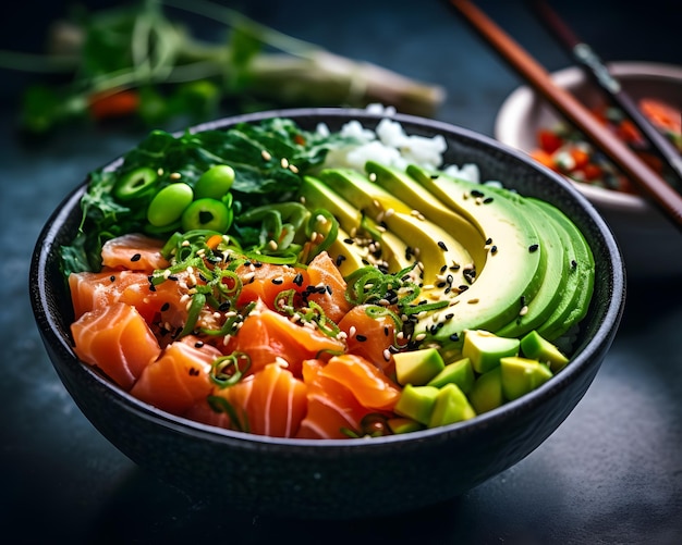 Poke bowl fresco e saudável com salmão e vegetais Generative AI