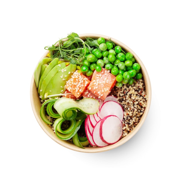 Poke Bowl mit Lachs, Avocado, Quinoa und Gurke