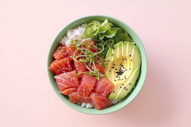 Poke Bowl mit roter Fisch-Avocado und Reis auf rosa Hintergrund, generiert von AI