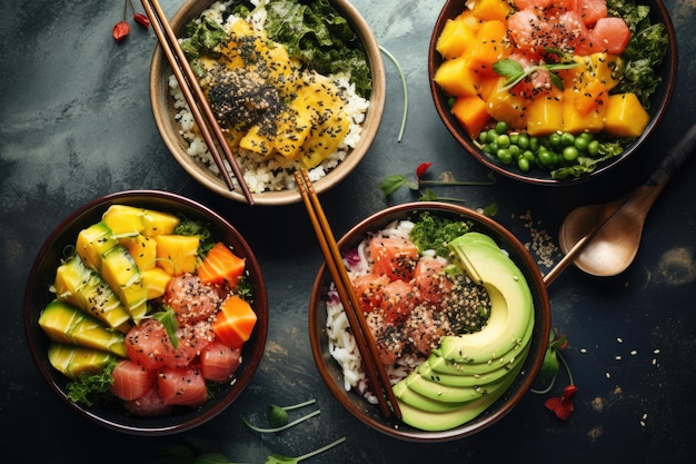 Poke bowls hawaianos con salmón, atún, camarones, algas, aguacate, mango, jengibre y semillas de sésamo fotografía