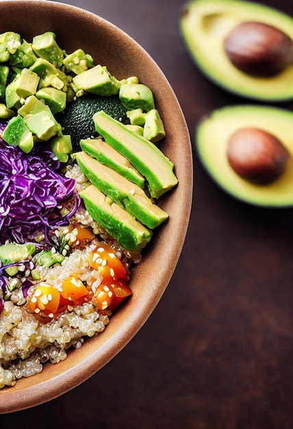 Poke tigela com quinoa salmão abacate e queijo feta em uma vista superior de fundo escuro com espaço de cópia Comida de entrega em domicílioClean Eating Concept