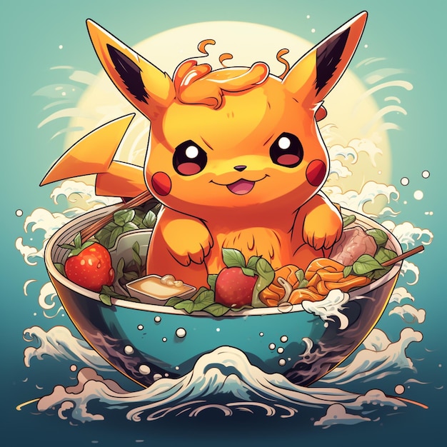 Pokémon pikachu em uma tigela de comida com uma onda ao fundo ia generativa