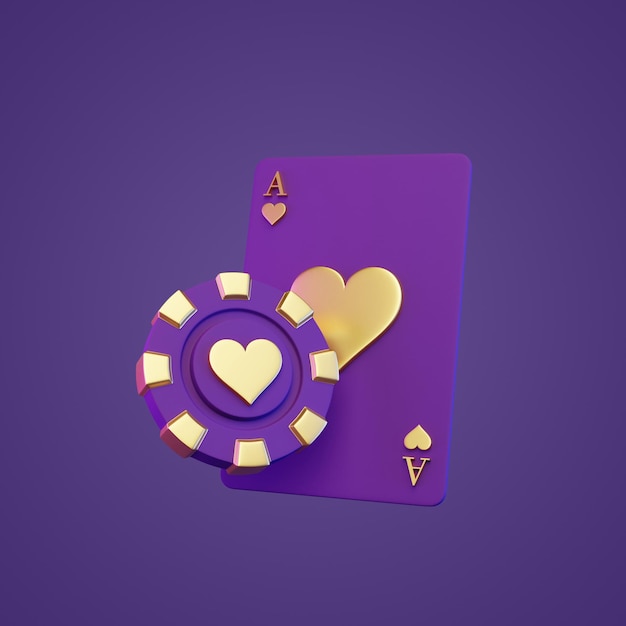 Poker-Chip und Karte auf einem lila Hintergrund 3D-Render-Illustration