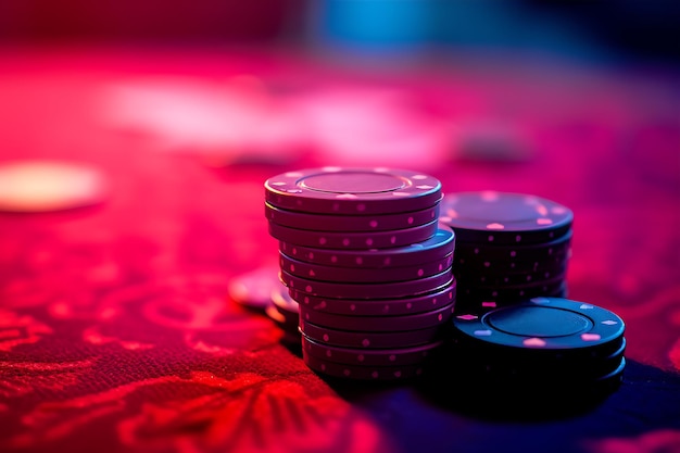 Poker-Chips auf einem dunklen Tisch gefangen