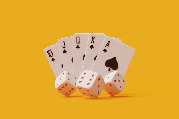 Poker Royal Flush e Dice em fundo laranja Ilustração de renderização 3D