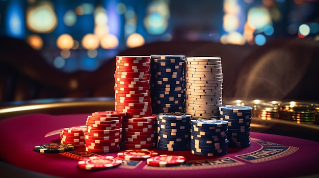 Pokerchips auf einem Spieltisch mit dramatischer Beleuchtung