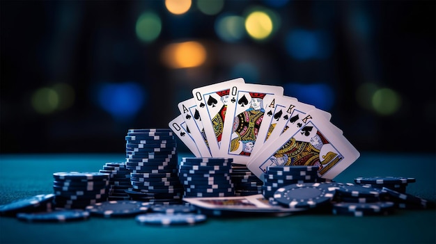 Pokerchips und Spielkarten auf einem grünen Tisch im Casino Ai generiert