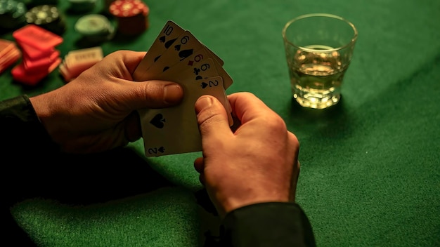 Foto pokerkarten in den händen mit whiskeyglas und pokerchips, die auf dem grünen tisch verstreut sind