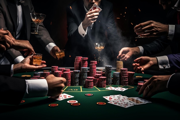 Pokertisch mit Kartenchips und Spielern, die ihre Karten austeilen