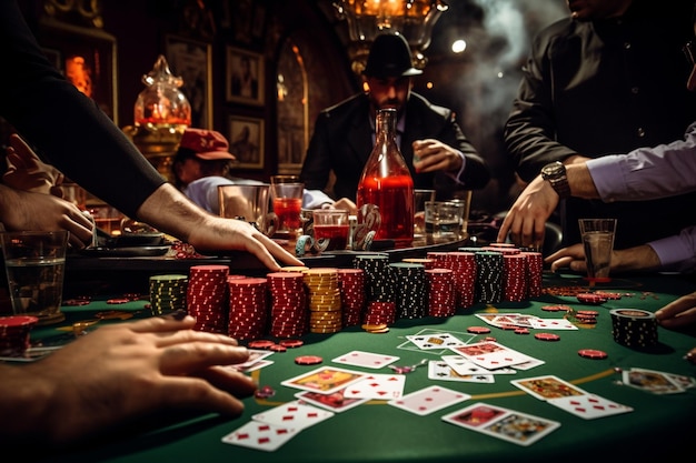 Pokertisch mit Kartenchips und Spielern, die ihre Karten austeilen