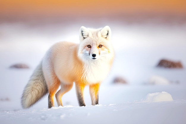 Polarfuchs mit schönem orangefarbenem Fell geht durch schneebedecktes Feld