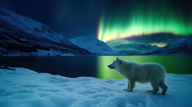 Polarfuchs vor einem ruhigen See mit reflektierendem Himmel mit Polarlichtern, generative KI-Illustration