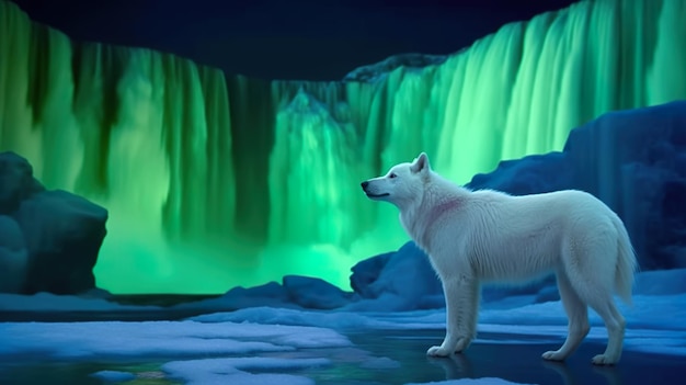 Polarfuchs vor Wasserfall mit Polarlichtern am Himmel und generativen Gletschern