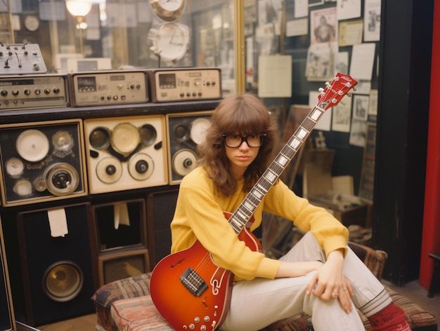 Foto polaroid de un nerd tocando la guitarra de los años 70