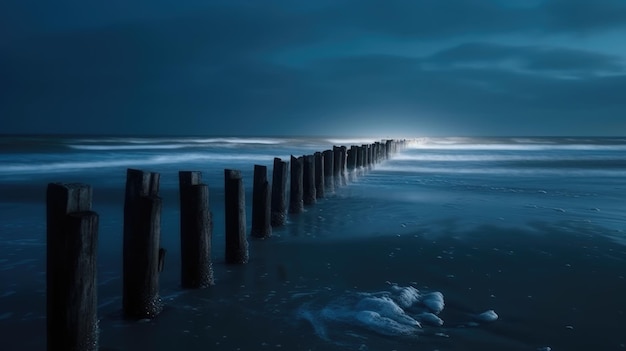 Pole an der Nordsee während der blauen Stunde im Winter