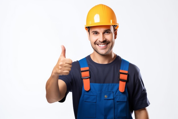 Polegares para cima artesão habilidoso ou homem eletricista isolado em fundo branco