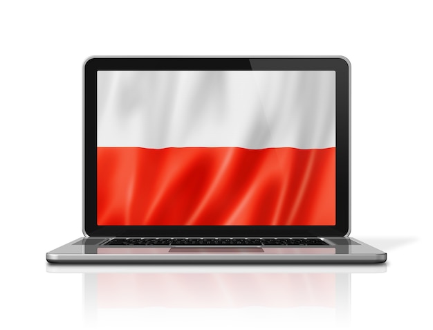 Polen-Flagge auf Laptop-Bildschirm isoliert auf weiss. 3D-Darstellung rendern.