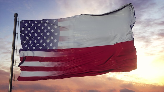 Polen und USA Flagge am Fahnenmast. USA und Polen gemischte Flagge, die im Wind weht