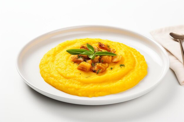 Polenta artesanal hecha en casa bondad sobre fondo blanco comida deliciosa