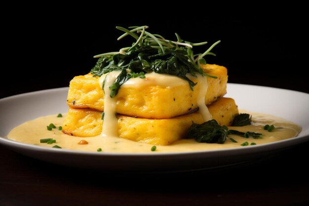 Polenta decadente com molho de Gorgonzola em fundo branco Comida deliciosa